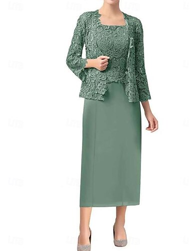  Kleid-Sets Brautmutterkleid Hochzeitsgast Elegant Einfach Rundausschnitt Bodenlang Polyester Langarm mit Einfarbig 2025