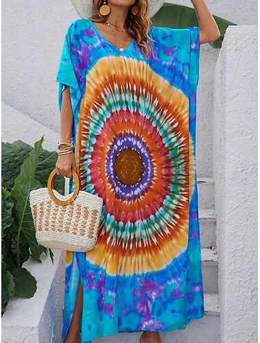  Dames Halflange jurk Hemdjurk Atletische jurk Casual Vakantie Dagelijks Strand Ruim Passend Grafisch 3/4 mouw V-hals Leger Groen Regenboog Zomer