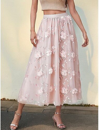  Femmes Taille Asiatique Évasé Jupes en gaze Mode Mignon Midi Taille haute Jupes Couleur Unie Plissé Broderie Fleur Micro-Élastique Quotidien Date Abricot Noir Rose Bleu Printemps, Automne, Hiver, Été