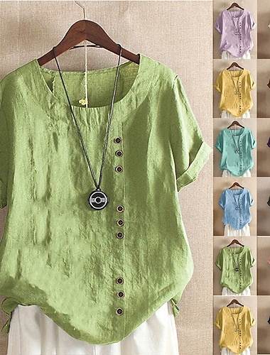  Women's Blouse Cotton Linen Shirts Plain Modern Casual Short Sleeve Crew Neck Regular Tops Holiday Going out Buttons White Yellow Army Green Green Summer
