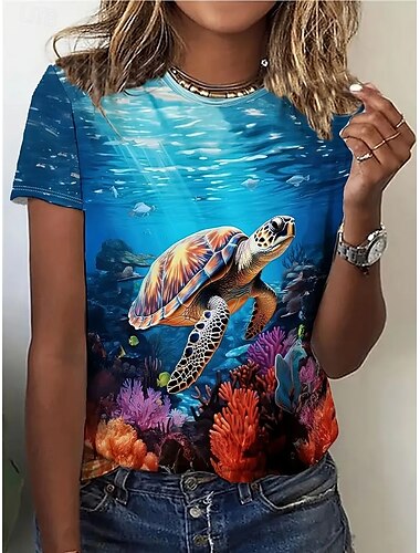  Dame T skjorte Sommertopper Landskap Sjø skilpadde Klassisk Fritid Kortermet Crew-hals Crop Tops Daglig Helg Trykt mønster Regnbue Sommer Vår Høst