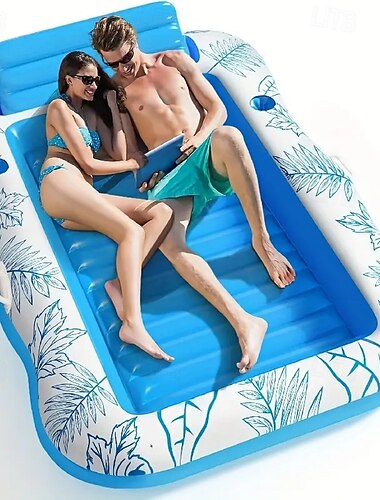  Chaise flottante gonflable 1 pièce avec porte-gobelet et dossier - matériau PVC bleu et blanc parfait pour les piscines, les plages, les lacs, les fêtes - chaise longue pour adultes