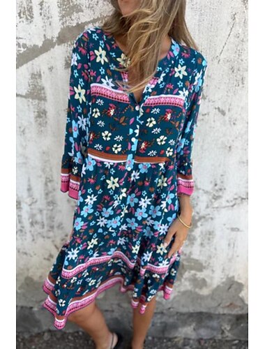  Dame Mini kjole Kjole af bomuldslinned Boho-kjole Klassisk Moderne Ferierejse Daglig Ferie Regulær Blomst Halvlange ærmer V-hals Navyblå Marineblå Lilla Sommer