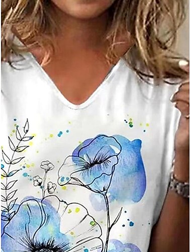  Damen T Shirt Blumen Grafik Bohemien Mode Strand Langarm V Ausschnitt Normale Oberteile Täglich Sport Ausgehen Druck Leicht Blau Sommer Frühling