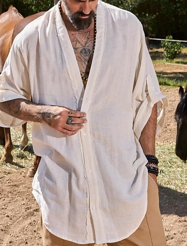  Per uomo Camicia Camicia Estiva Camicia casual Camicia da Spiaggia Camicia con Bottoni Bianco Manica Lunga Semplice Scollo a V Vacanza Camicia hawaiana Abbigliamento Poliestere Moda Casual