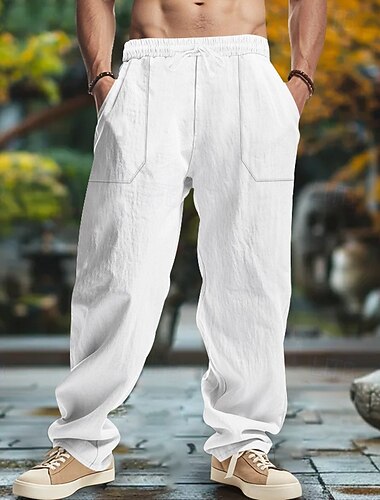  Homens Calças de linho Calças Calça verão Calças largas Calças de praia Com Cordão Cintura elástica Perna reta Tecido Conforto Respirável Comprimento total Ao ar livre Ioga Ginásio Moda Retro Vintage