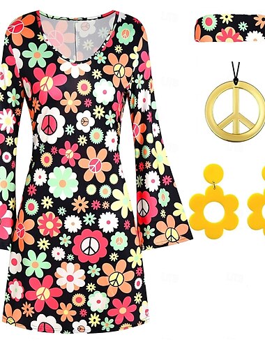  Retro Vintage 1960er 1970er Cosplay Kostüm Outfits Zubehörset Hippie Damen Karneval Maskerade Leistung Party Pride Parade Erwachsene 1 Halskette Oberteil Ohrringe