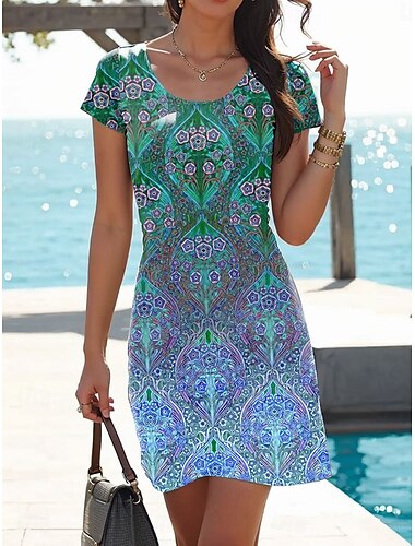 Damen Minikleid T-Shirt-Kleid A Linie Kleid Sommerkleid Lässig Täglich Normale Passform Grafik Paisley-Muster Kurzarm Rundhalsausschnitt Rosa Rote Blau Sommer Frühling