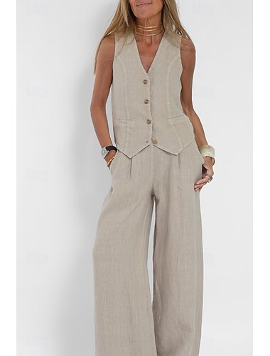  Damen Aktiv Basic Leinen-inspirierte Sets Zweiteilige Sets Bluse Ärmellos V Ausschnitt Einfarbig Dubbele Rij Knopen Urlaub Alltagstauglich Schwarz Weiß Wein Sommer Normale Passform