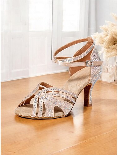  Damen-Latein-Tanzsandalen mit Strasssteinen – Peep-Toe, Netzriemen, Knöchelschnalle, Ballsaalschuhe mit hohem Absatz für Salsa, Tango und Auftritte