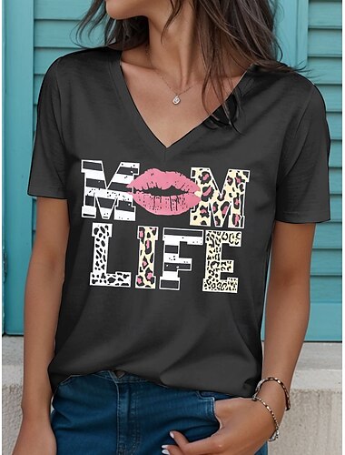  母の日 女性用 Tシャツ グラフィック レタード 口 スタイリッシュ カジュアル 半袖 Ｖネック レギュラートップス 日常 プリント ブラック ピンク グレー 夏
