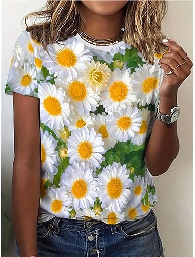  Damen T Shirt Sommeroberteile Blumen Grafik Klassisch Lässig Kurzarm Rundhalsausschnitt Crop Tops Täglich Wochenende Druck Regenbogen Sommer Frühling Herbst
