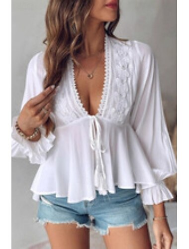  Dámské Boho košile Krajková košile Halenka Bez vzoru Denní stylové Na běžné nošení Dlouhý rukáv Do V Běžné topy Práce Denní Dovolená Knoflíky Bílá Jaro