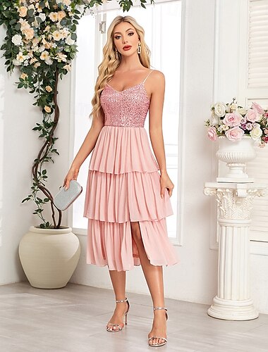  Schlauchkleid Partykleider Party Kleid Partykleidung Cocktailparty Tee-Länge Ärmellos V Ausschnitt Rosa Kleid Chiffon Rückenfrei mit Falten Paillette 2025