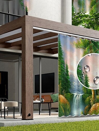  Vízálló kültéri függöny magánélet védelme csúsztatható terasz függöny drapéria pergola függöny grommet 3D erdő táj pavilonhoz erkélyhez teraszhoz bulihoz 1 panel