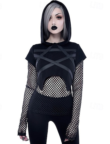  Punk & Gothique Sweat à capuche Fille gothique Conception de filet de pêche Pentacle Déguisement Femmes Halloween Carnaval Soirée Décontracté Quotidien Adulte Haut Printemps & Été
