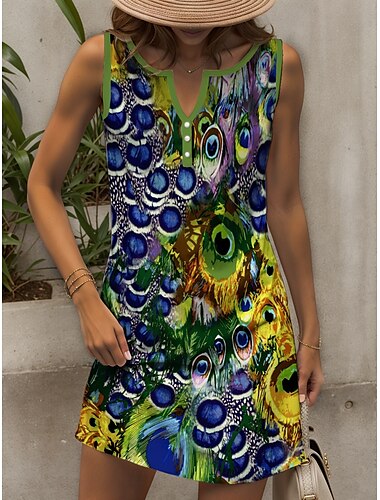  Damen Minikleid Sommerkleid Shiftkleid Schulterfreies Kleid Urlaub Lässig Outdoor Ausgehen Normale Passform Grafik Pfau Ärmellos V Ausschnitt Blau Sommer Frühling