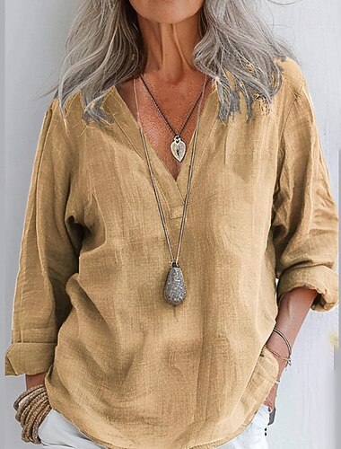  Damen Hemd Bluse Baumwoll-Leinen-Hemden Einfach Modern Lässig Langarm V Ausschnitt Normale Oberteile Täglich Ausgehen Knöpfe Gelb Rosa Khaki Grau Sommer