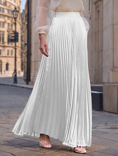  Women's Skirt Long Skirt Fashion Long Maxi High Waist Skirts Solid Colored Ruched Pleated Shimmery Micro-elastic Daily Holiday Silver Peacock Blue Navy Black Spring, Fall, Winter, Summer Polyester