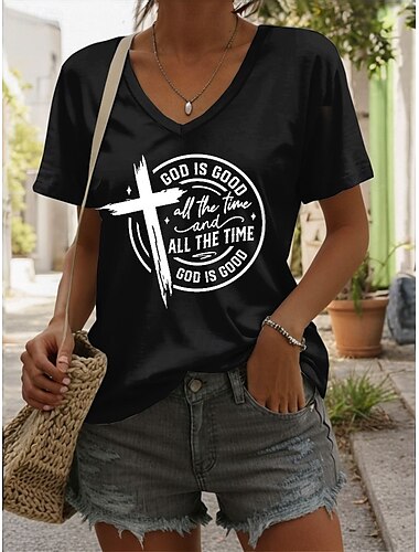  Damen T Shirt Grafik Buchstabe Lässig Kurzarm V Ausschnitt Normale Oberteile Täglich Druck Schwarz Blau Grün Sommer Frühling