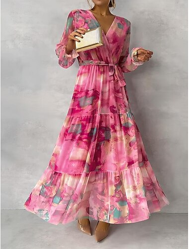  Dames Lange jurk maxi-jurk Chiffon jurk A lijn jurk Elegant Formeel Feest Bruiloft gast Dagelijks Normale pasvorm Bloemig Lange mouw V-hals Fuchsia Zomer