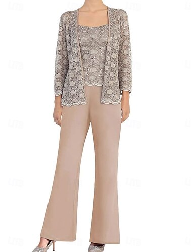  Hosenanzug Brautmutterkleid Elegant Einfach Rundausschnitt Knöchellänge Polyester Langarm mit Spitze Einfarbig 2025
