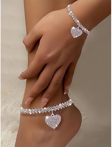  Conjunto de tobillera y pulsera con dije de corazón de diamantes de imitación para mujer: joyas brillantes para bodas, fiestas y ocasiones especiales.