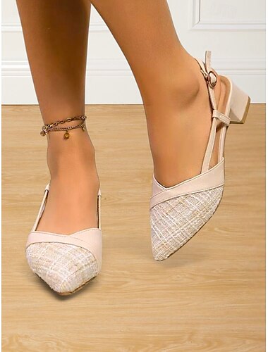  Beige Tweed-Slingback-Pumps mit Blockabsatz für Damen – elegante Freizeitschuhe für Verabredungen und Abende