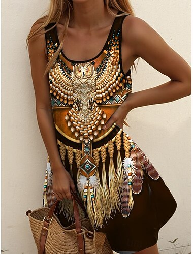  Abito Boho da donna Abito Western Vintage Mini Abito A Linea Abito Off The Shoulder Abito Vacanza Festa Casual Uscita Fit Standard Grafica Tribale Senza Maniche U Neck Marrone Scuro Blu Verde