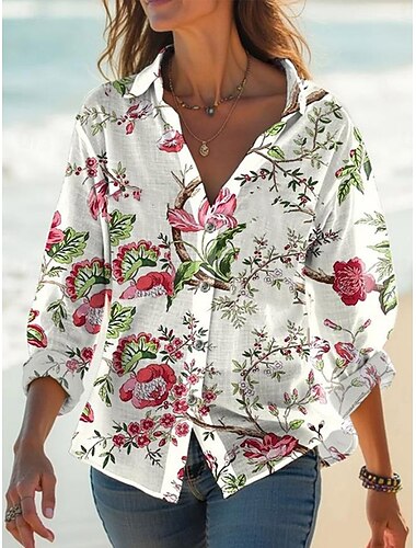  Camicia da donna a tunica con bottoni alla camicia colletto maniche lunghe grafica floreale elegante casual simile al lino regolari top quotidiani simile al lino stampa bianca rosa verde primavera