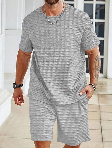  Hombre Tracksuit Conjunto de atuendo Bermudas Cuello Barco Exterior Diario Deportes Bolsillo Correa 2 Piezas Plano Negro Blanco Caqui Poliéster Ropa de Deporte Clásico Casual Verano