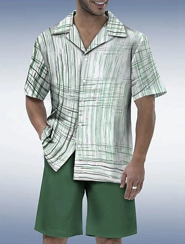  男性用 ライン 2個 シャツセット シャツセット 半袖 ショートパンツ キューバンカラー 旅行度假风 カジュアル 普段着 パーティー カジュアル 日常 3Dプリント 夏 グリーン