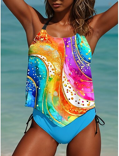  Tankini Badeanzüge für Frauen 2-teilig Freche Badeanzüge Rückenzug Urlaub Strandbekleidung Ombré U-Ausschnitt Ärmellos Badeanzüge