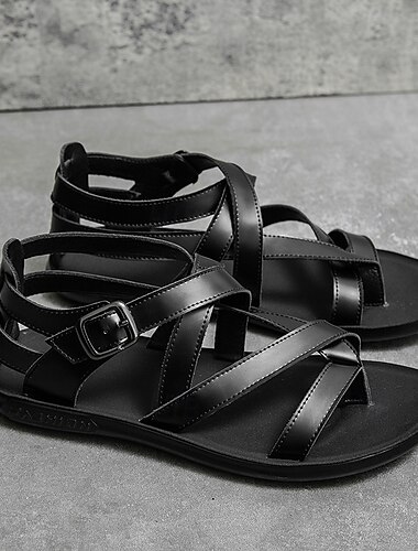  Schwarze Gladiatorsandalen aus Kunstleder für Herren mit Riemchendesign und Schnallenverschluss, ideal für den lässigen Sommer