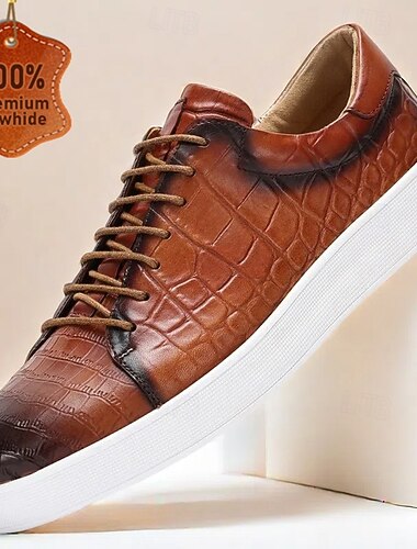  Braune Herren-Sneaker aus echtem Leder – stylische Schnürschuhe mit Krokodilprägung für den Alltag