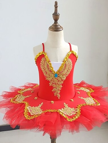  Tutu Kleid Kleid Strass Spitze Stickerei Mädchen Leistung Training Ärmellos Hoch Netzstoff Spandex