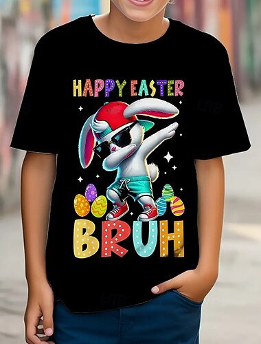  Jungen 3D Kaninchen T-Shirt Kurzarm Sommer Frühling Mode Basic Kinder 4-12 Jahre Rundhalsausschnitt Outdoor Lässig Täglich Normale Passform