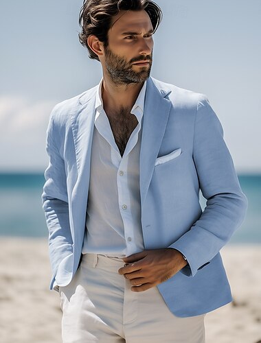  Blazer de lino para hombres chaqueta de deporte moda casual de verano color sólido blazer de lino azul cielo corte estándar de un solo botón