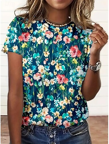  Damen T Shirt Sommeroberteile Blumen Landschaft Klassisch Lässig Kurzarm Rundhalsausschnitt Crop Tops Täglich Wochenende Druck Regenbogen Sommer Frühling Herbst