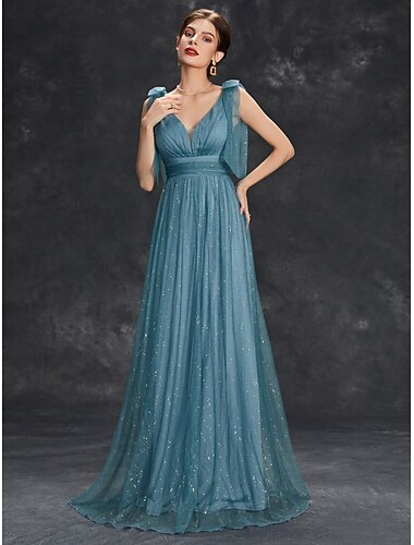  Trapèze Robes de soirée Étincelant Robe Formel Mariage Longueur Sol Sans Manches Col V Tulle avec Paillettes 2025