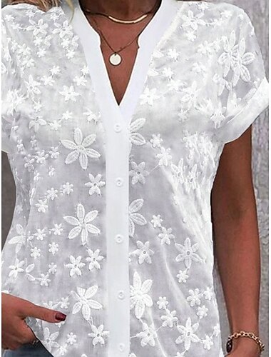 Damen-Shirt einfarbig elegant täglich stilvoll Kurzarm V-Ausschnitt reguläre Oberteile Arbeit täglich Urlaub Spitze Weiß Sommer