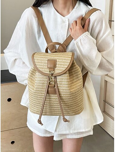  Strohrucksack für Damen – Boho-Reisetasche aus gewebtem Rattan mit Lederriemen, schicker Sommer-Strandrucksack, lässige Handtasche für den Urlaub und den täglichen Gebrauch, weiß, rosa, braun