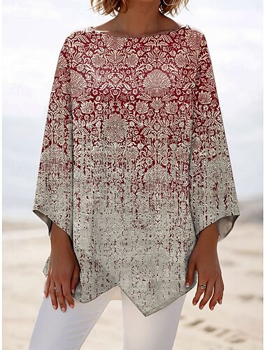  Damen Bluse Blumen Grafik Stilvoll Strand Dreiviertelarm Rundhalsausschnitt Normale Oberteile Täglich Druck Rote Blau Grün Frühling Herbst