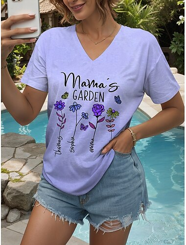  母の日 女性用 Tシャツ フラワー グラフィック バタフライ カジュアル 半袖 Ｖネック レギュラートップス 日常 週末 プリント ホワイト イエロー ダスティローズ ダスティブルー 夏 春