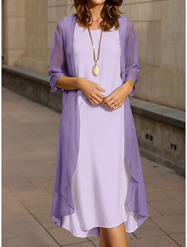  Robe de Graduation Femme Robe Midi Couleur Unie Robe 2 Pièces Robe A Ligne Robe d'Été Décontractée Simple Plisée Robe Midi Manches Mi-Longues Col Rond Vacances Quotidien Vin Bleu Royal Violet Clair