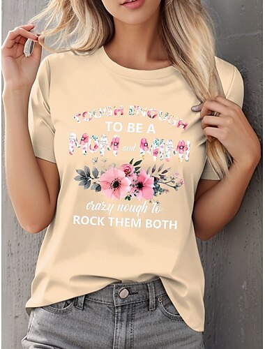  母の日 女性用 Tシャツ フラワー グラフィック レタード カジュアル 半袖 ラウンドネック レギュラートップス 日常 プリント ブラック パープル オフホワイト 夏
