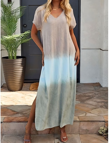  Vrouwen's Maxi Jurk Zomerse Jurk Vakantie Casual Vakantie Dagelijks Regelmatige Pasvorm Ombre Grafisch Korte Mouw V Hals Geel Blauw Oranje Zomer