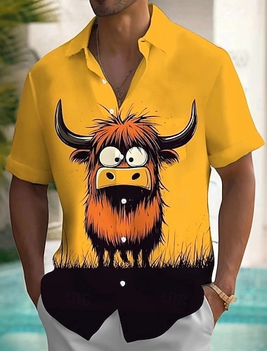  Herre Dyr Highland Cattle Skjorte Uformell skjorte Skjorte med knapper Kortermet Fashion Casual utendørs Feriereise Ferie Sommer Vår Aftæpning 3D-utskrift krage skjorter Front One Lomme Gul