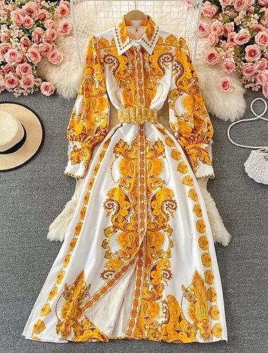  Dames Halflange jurk Boho-jurk Modieus Klassiek Vakantie Uitgaan Weekend Normale pasvorm Bloem Lange mouw Overhemdkraag Geel Zomer