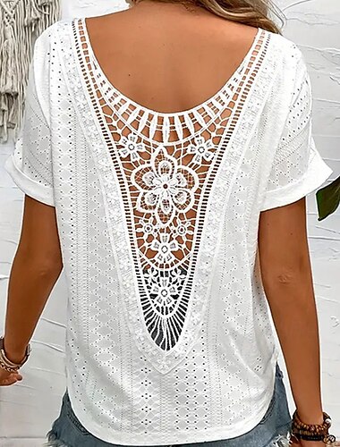  Dames T-shirt Effen Modieus Modern Korte mouw Strakke ronde hals Normale tops Dagelijks Lapwerk Geborduurd Vetergat Wit Blozend Roze Donkergroen Groen Beige Zomer